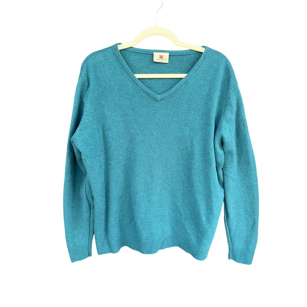 Carraig Donn Pure New Wool V-Neck Sweater Teal Size XL